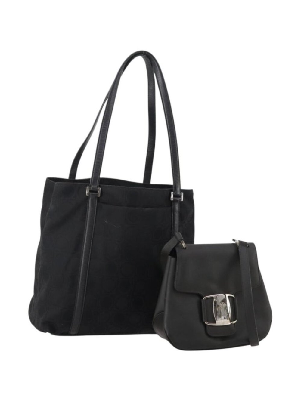 Salvatore Ferragamo Shoulder Bag Canvas Leather 2 Set Black